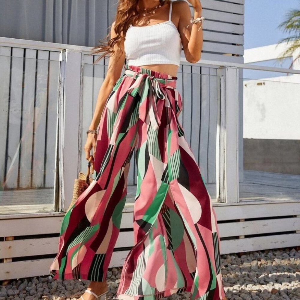 boho Crop Cami Top & Geo Print Slit Thigh Belted Wide Leg Pants - Picture 1 of 5